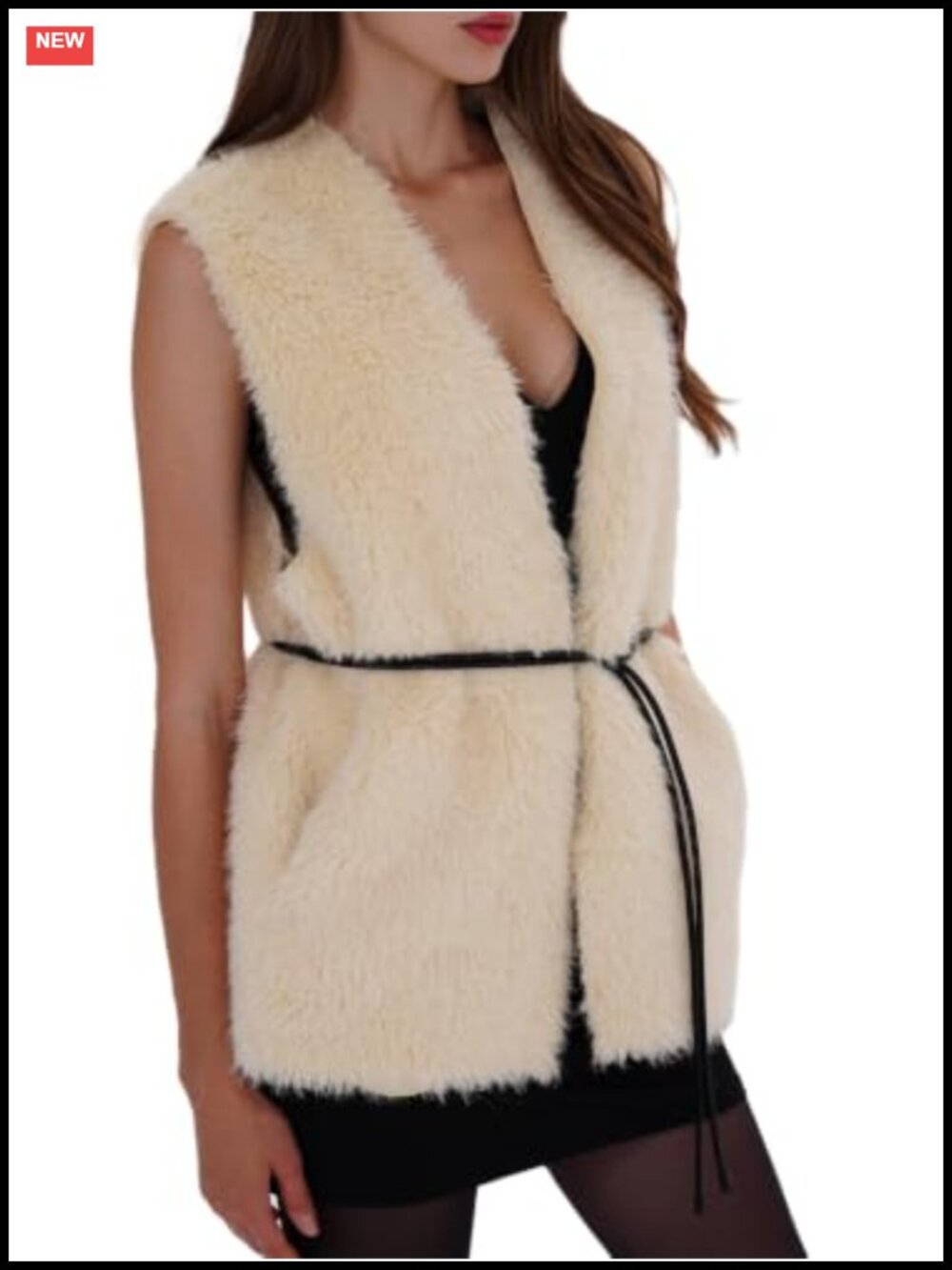 Faux Fur Vest Sleeveless Fuzzy Jacket with Belt Reversible Two-Way Wear